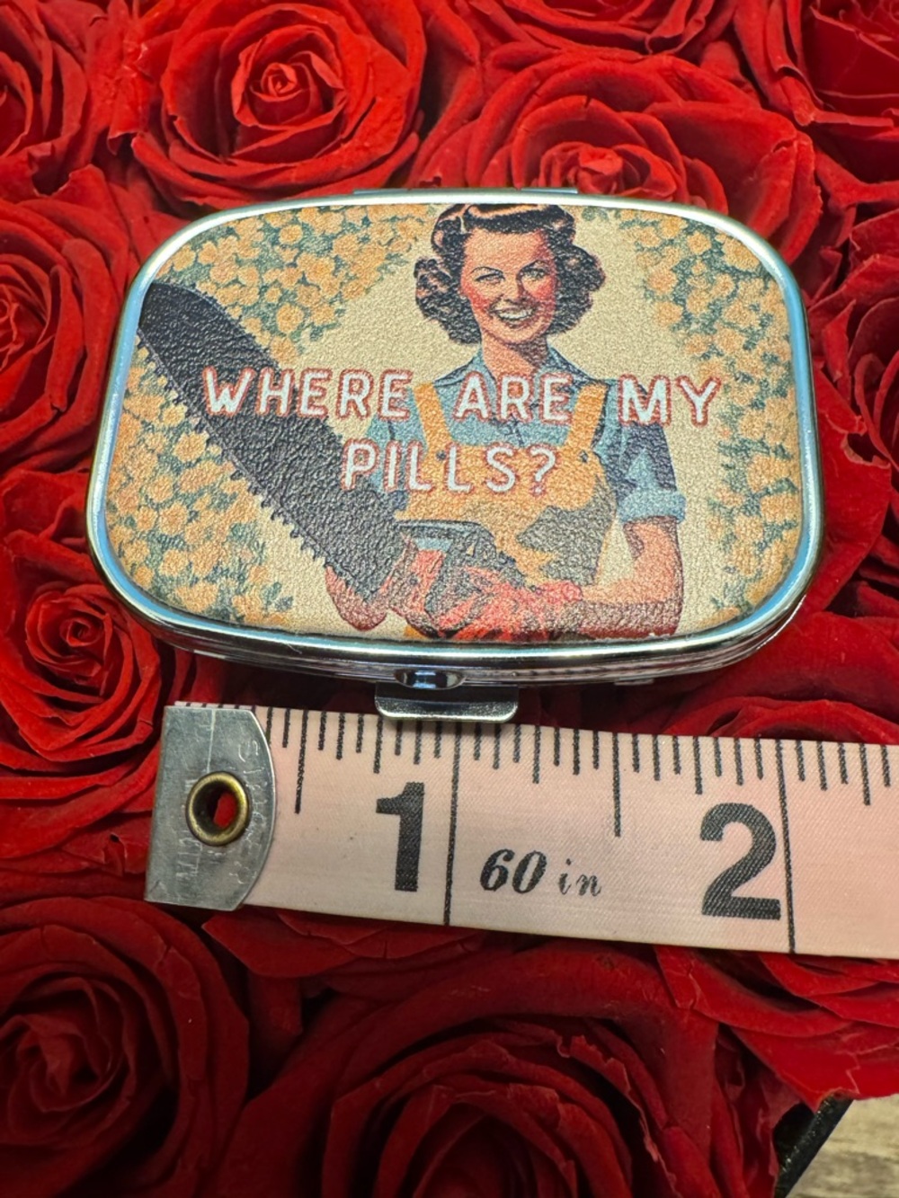Retro Pill Case | Dark Humor Vintage Style Metal Organizer w/ Mirror - Picture 6 of 7